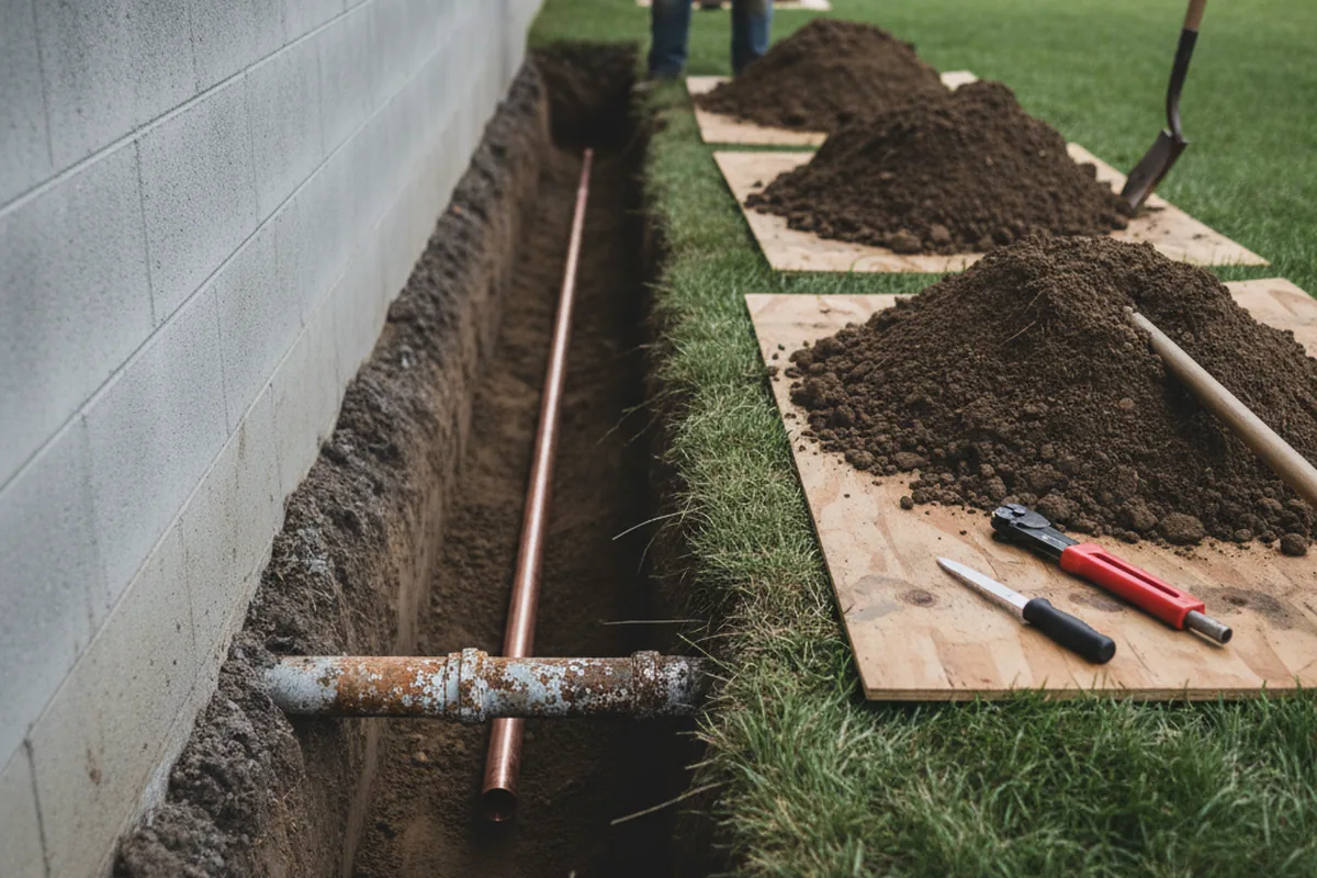 Excavated water line trench during Water Heater Repair in Easley
